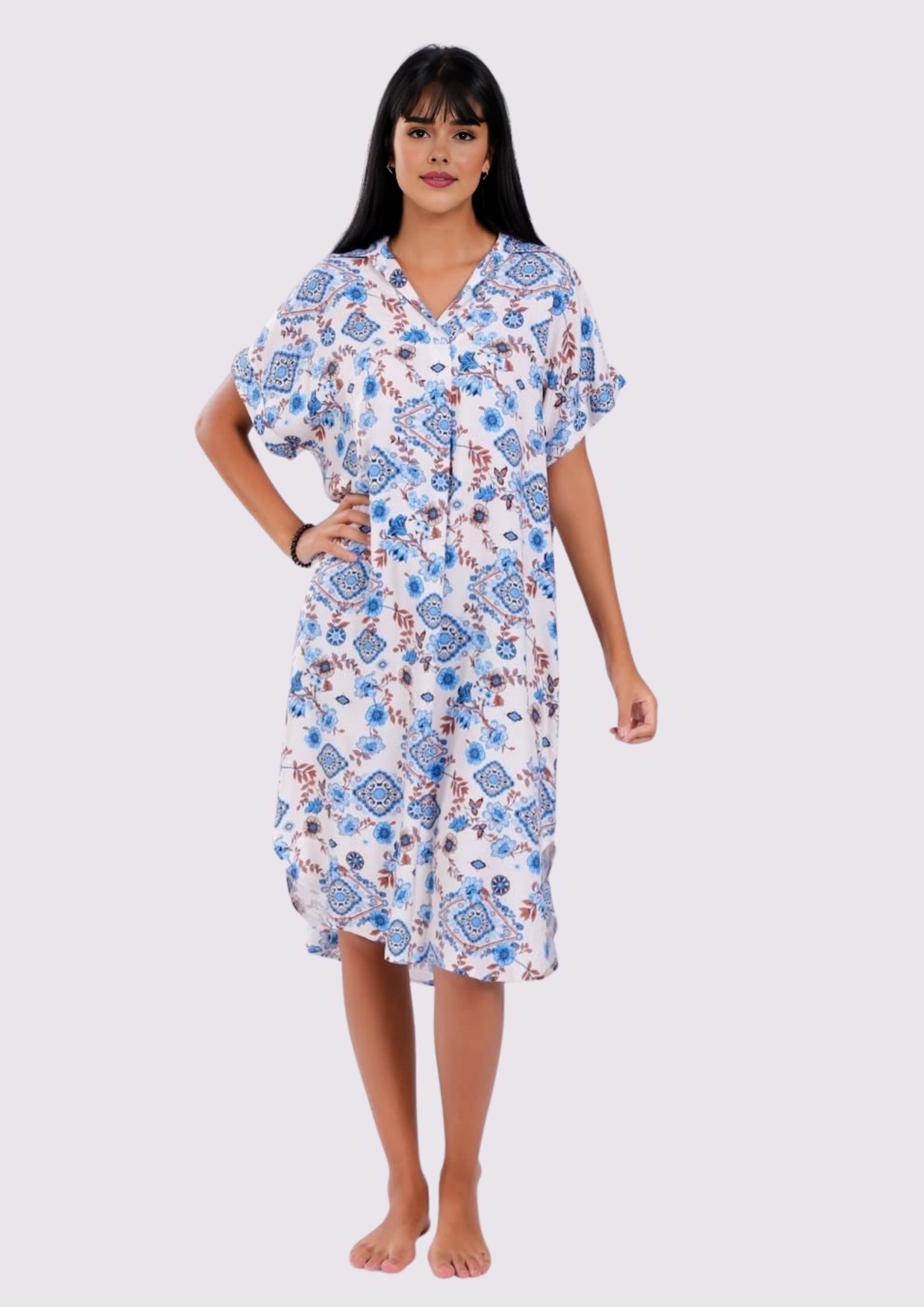 53 Robe Midi Bohème Chic à Motif Floral - Ocean Blue - Image 1